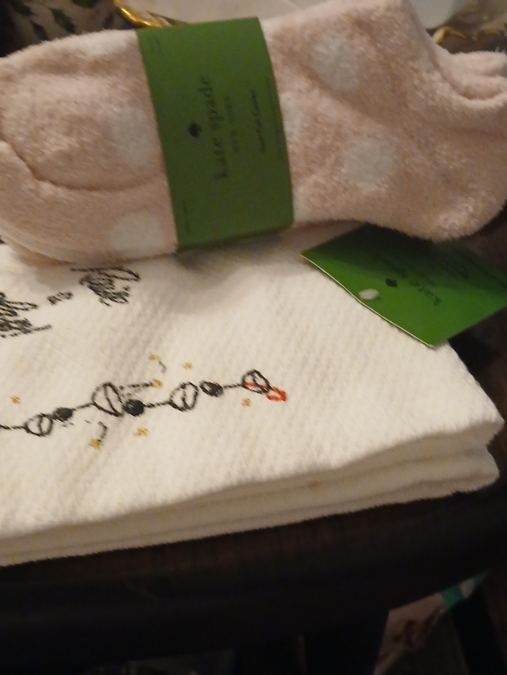 kate spade Light Pink Polka Dot Cozy Socks with White Embroidered Towel
